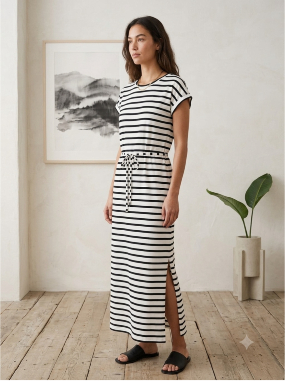 Tickled Teal Striped Maxi Dress S Small Black White Tie Waist Casual Side Slit